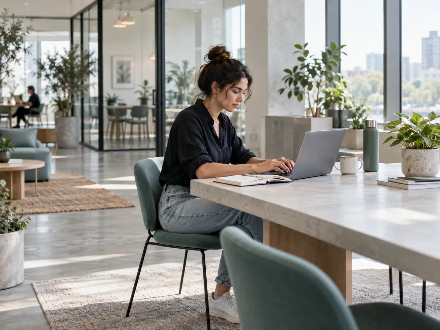Illustrative image of a freelancer working at a laptop in a bright coworking studio.