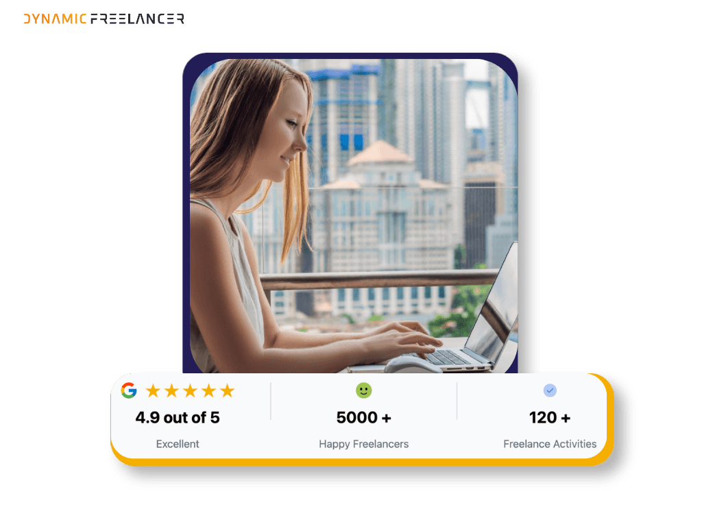 Dynamic Freelancer review graphic showing a 4.9 out of 5 Google rating, 1,900+ reviews and a community of 5,000+ freelancers.