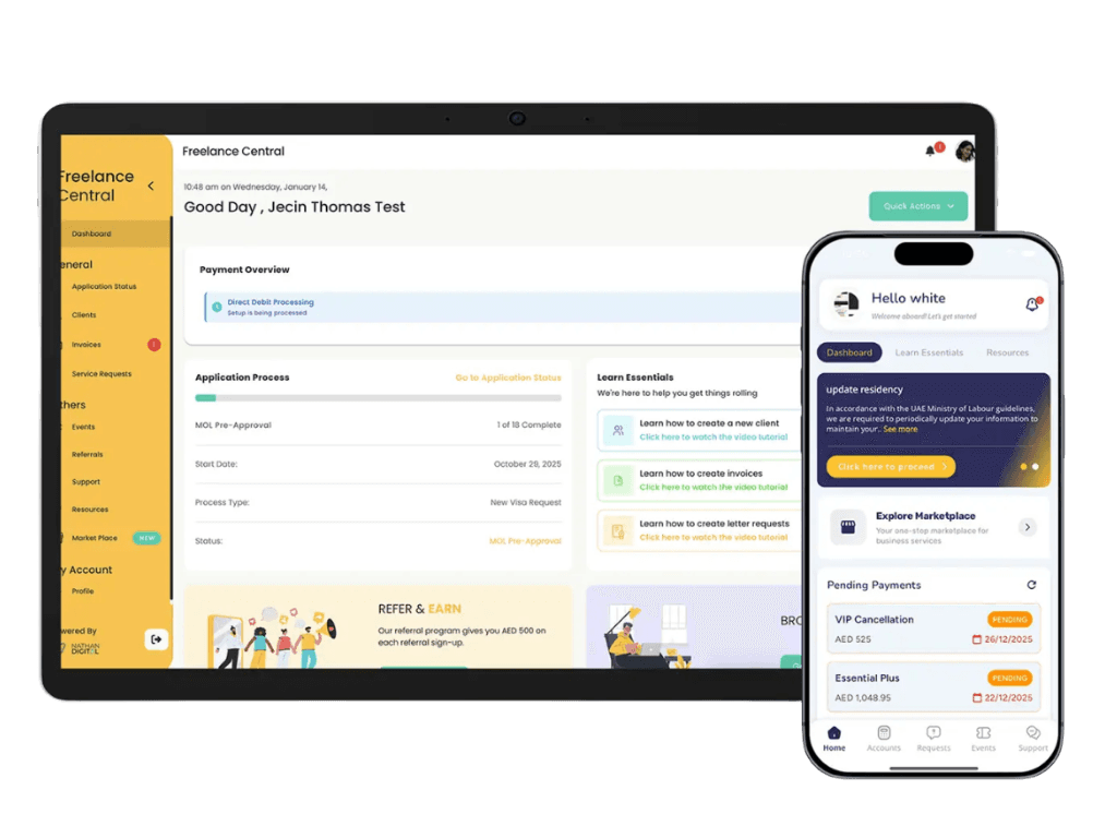 Freelancer Central dashboard showing client management, invoicing, payment tracking, application progress, document uploads and support tools for independent professionals.