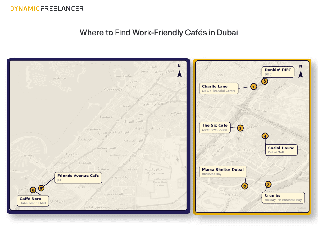 Map showing eight work-friendly cafés across DIFC, Downtown Dubai, JLT, Dubai Marina and Business Bay.